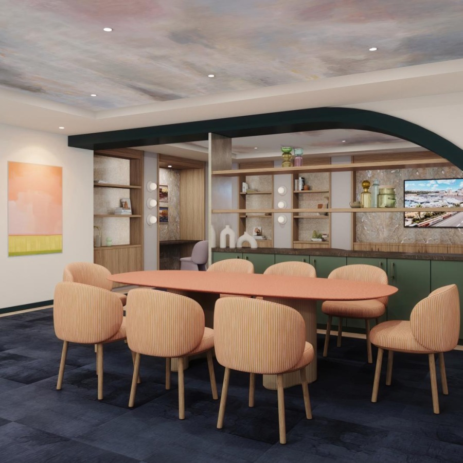 a room with a table and chairs