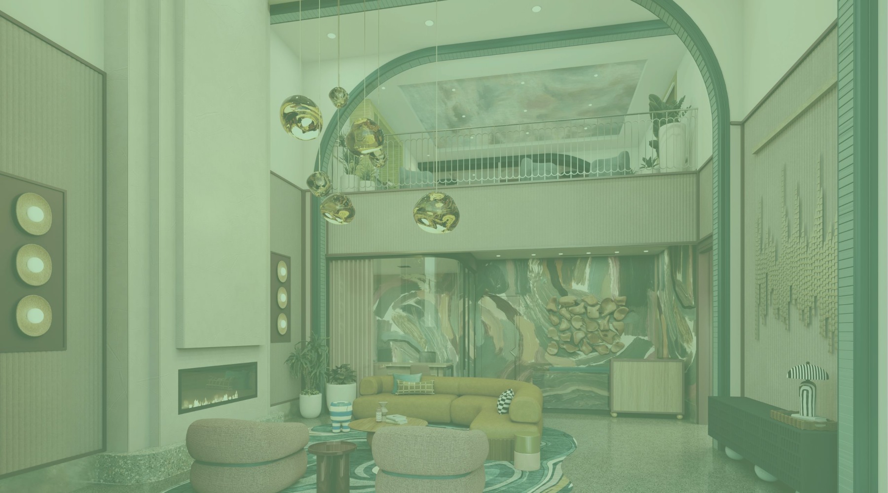 a lounge with seating fireplace and chandelier