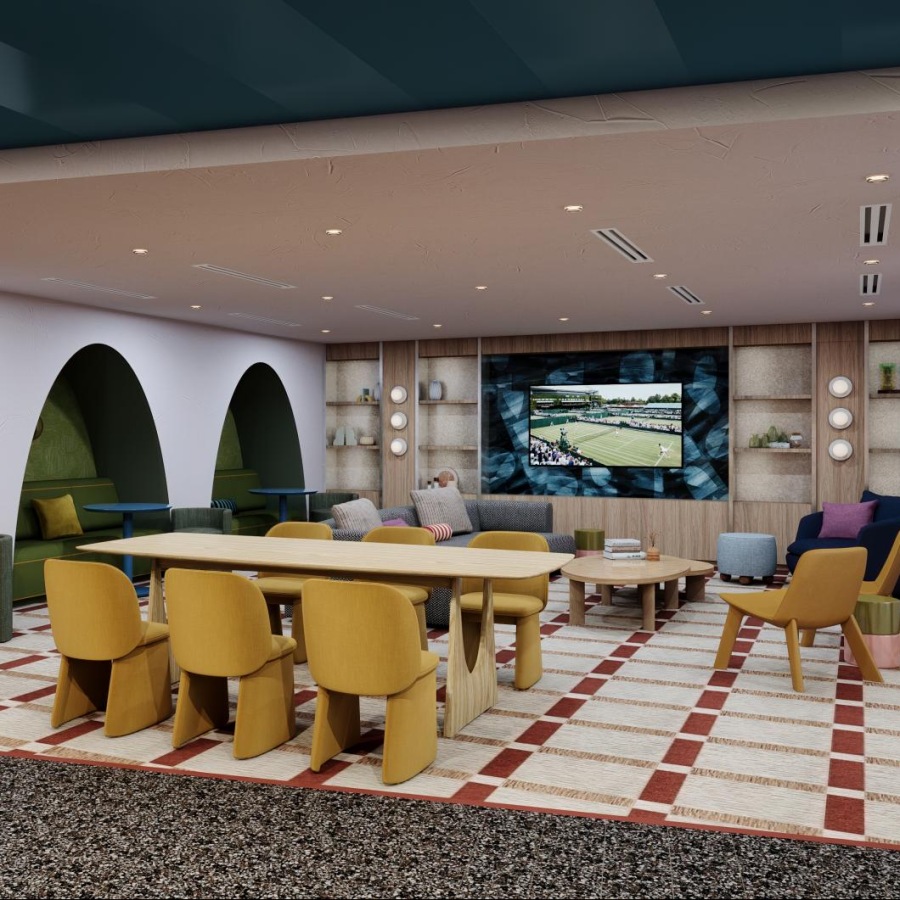 a room with a table and chairs