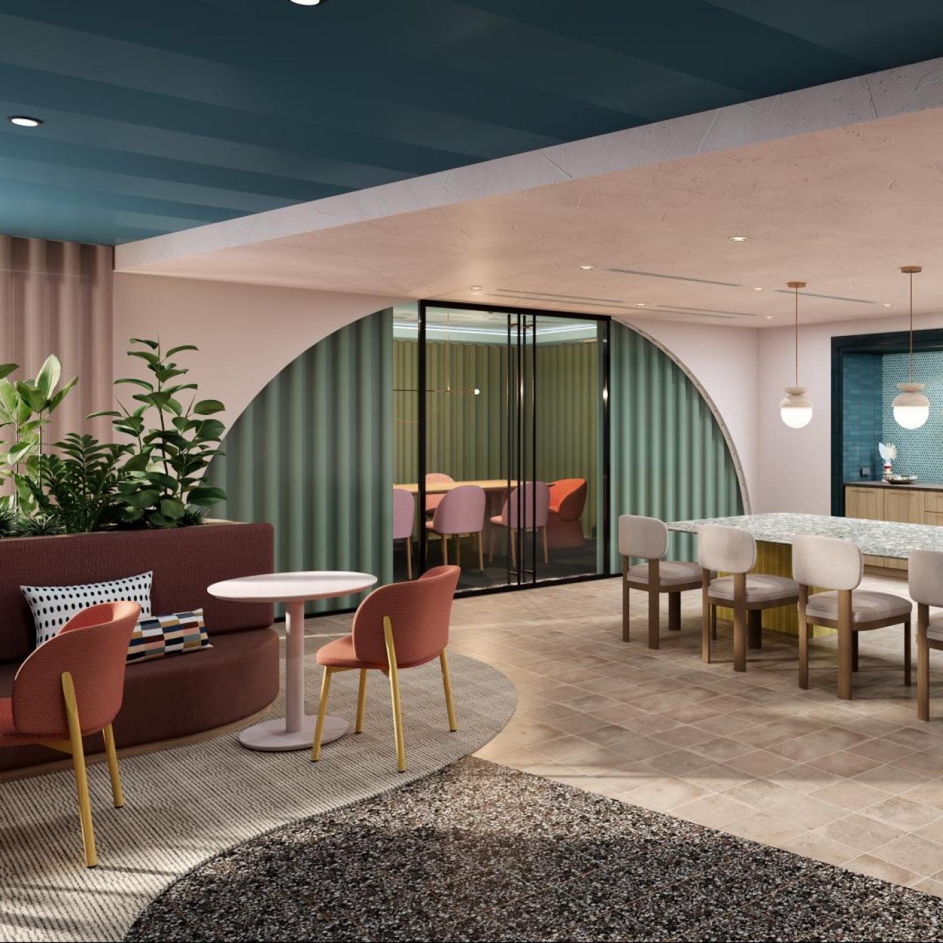 a room with a table chairs and a couch