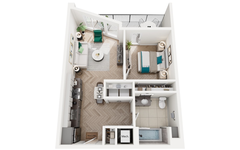 Dove - 1 bedroom floorplan layout with 1 bathroom and 600 square feet