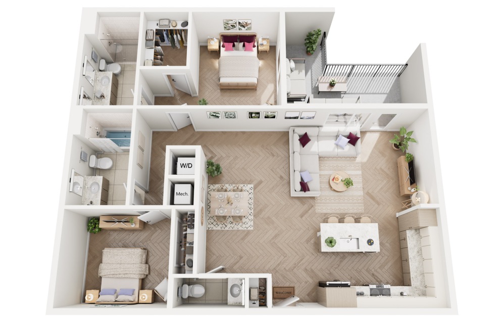 Emerald - 2 bedroom floorplan layout with 2.5 bathrooms and 1265 square feet