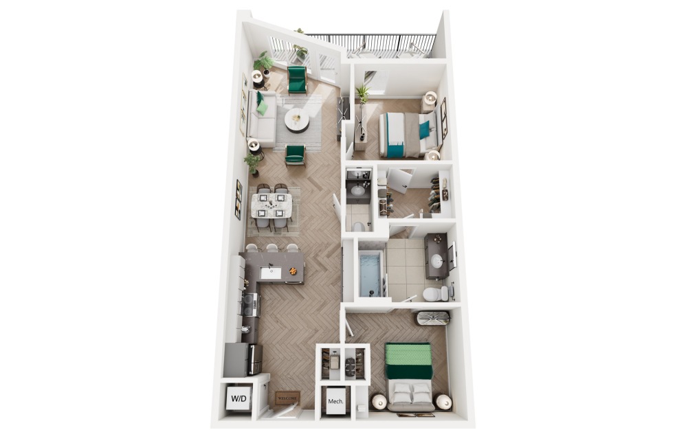 Indigo - 2 bedroom floorplan layout with 1.5 bathroom and 890 square feet