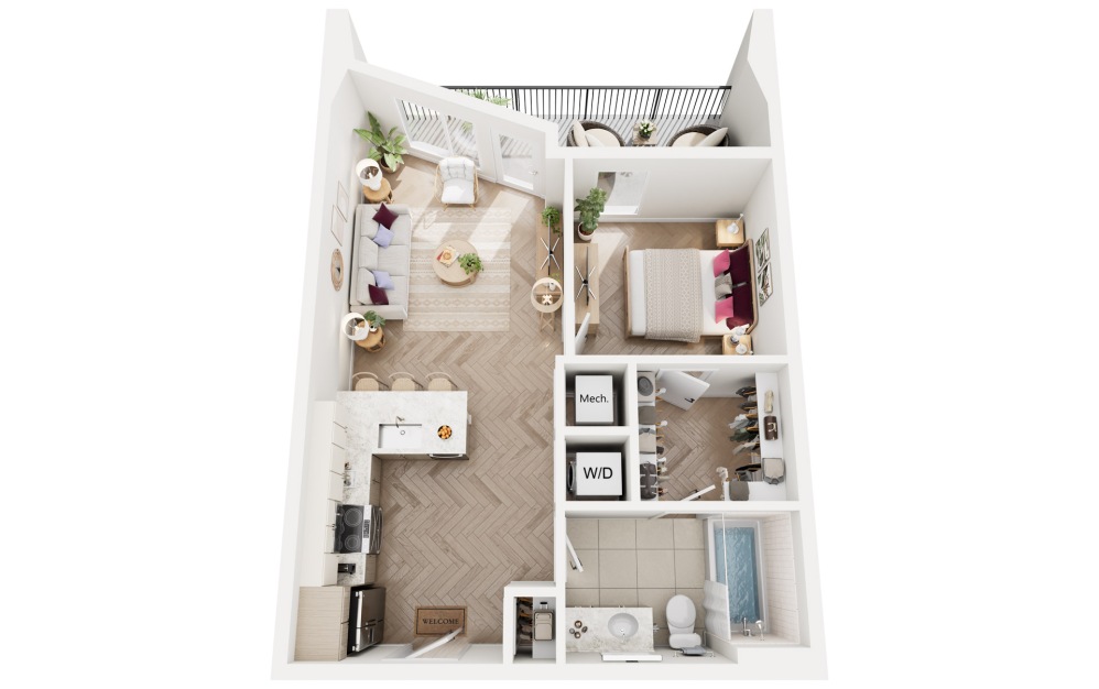 Sapphire - 1 bedroom floorplan layout with 1 bathroom and 595 square feet