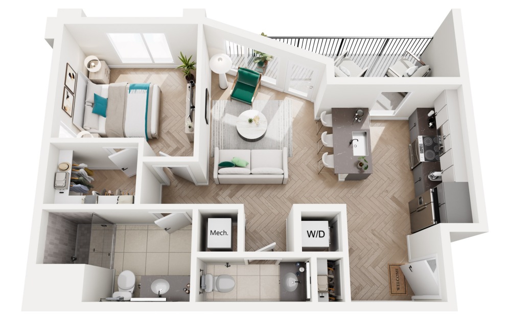 Slate - 1 bedroom floorplan layout with 1.5 bathroom and 640 square feet