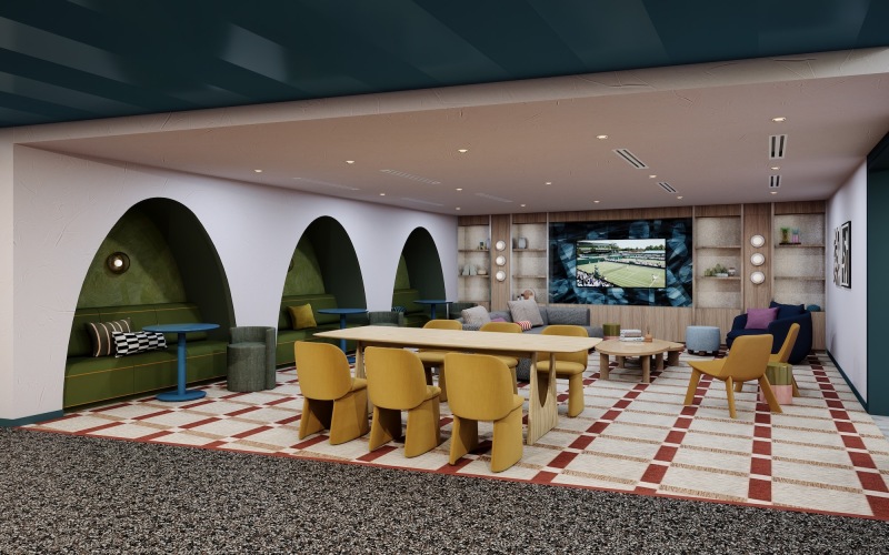 a room with a table and chairs