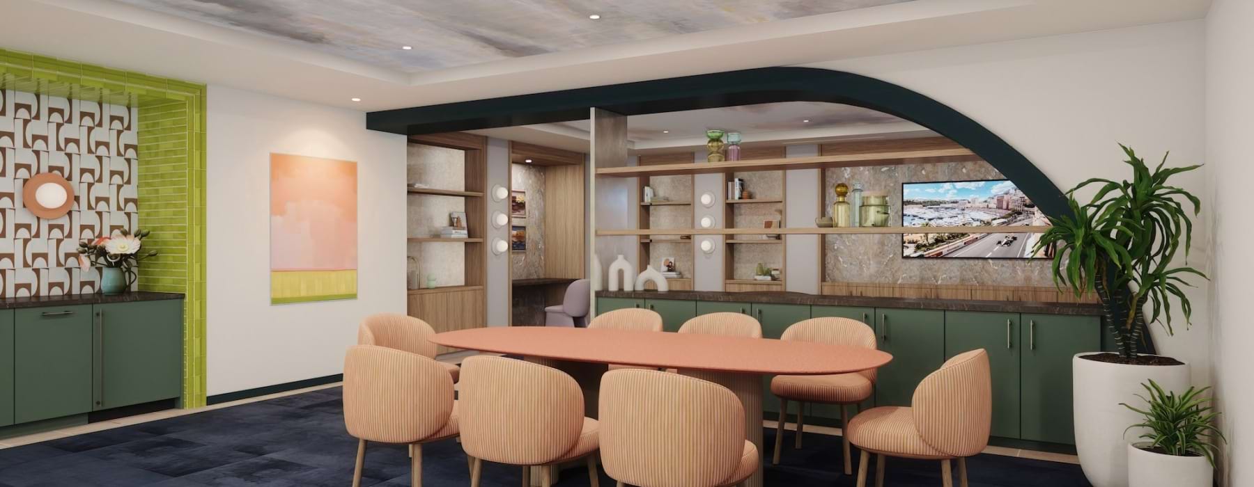 a room with a table and chairs