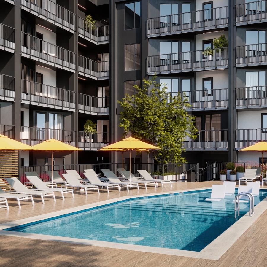 a deck pool with city views 