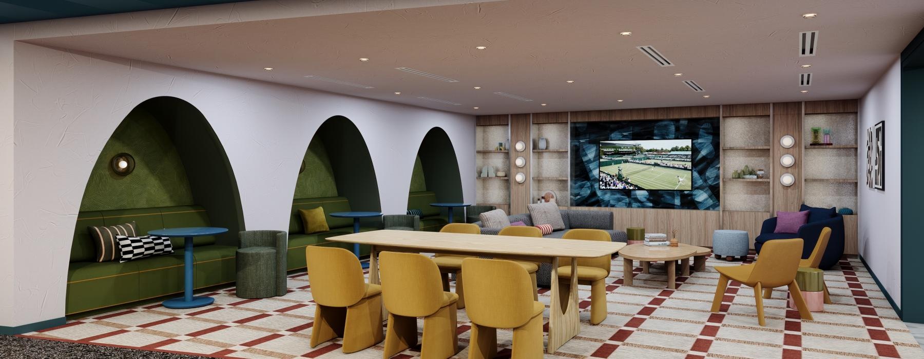 a room with a table and chairs