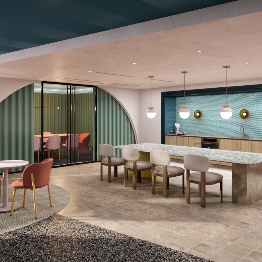 a room with a table chairs and a couch