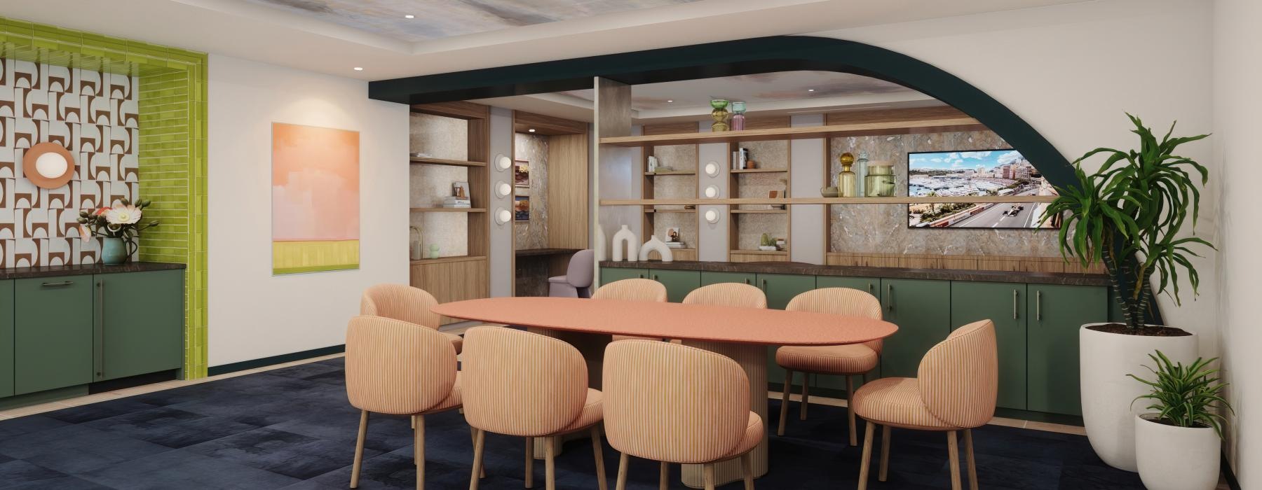 a room with a table and chairs