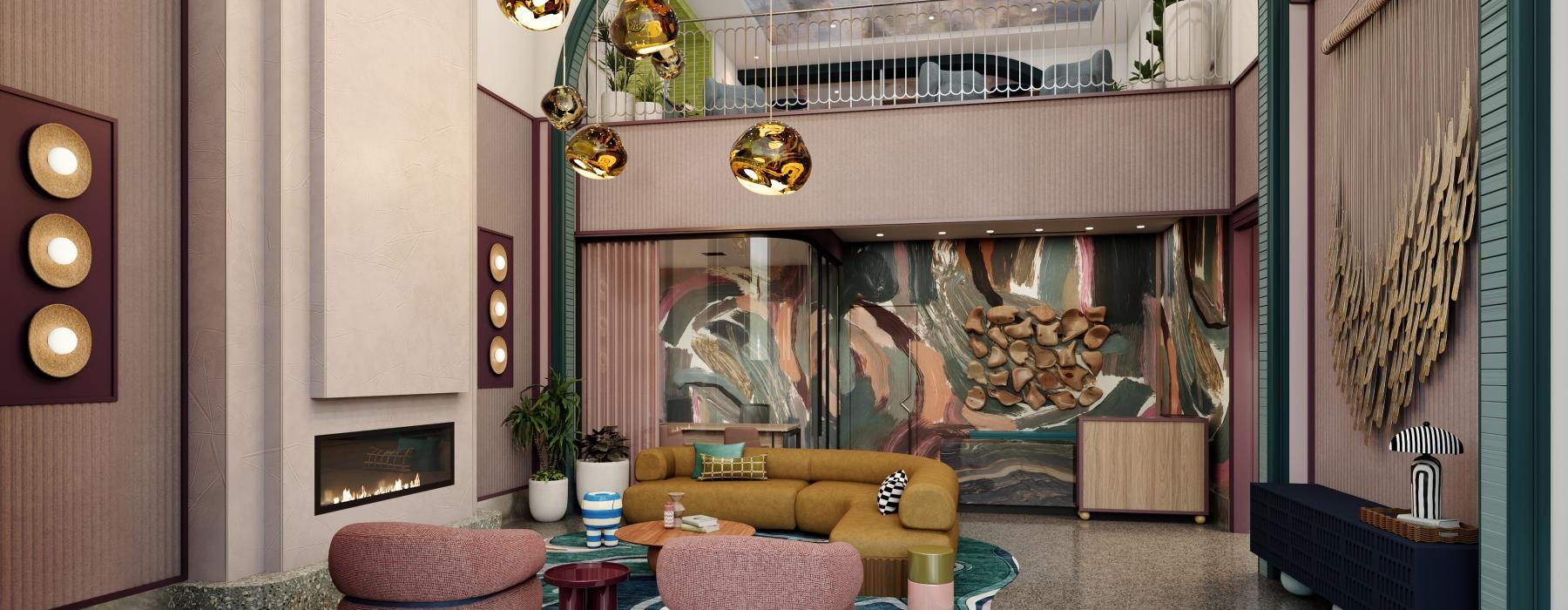 a room with seating fireplace and art everywhere