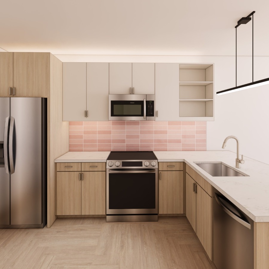 a kitchen with a pink backsplash and stainless steel appliances