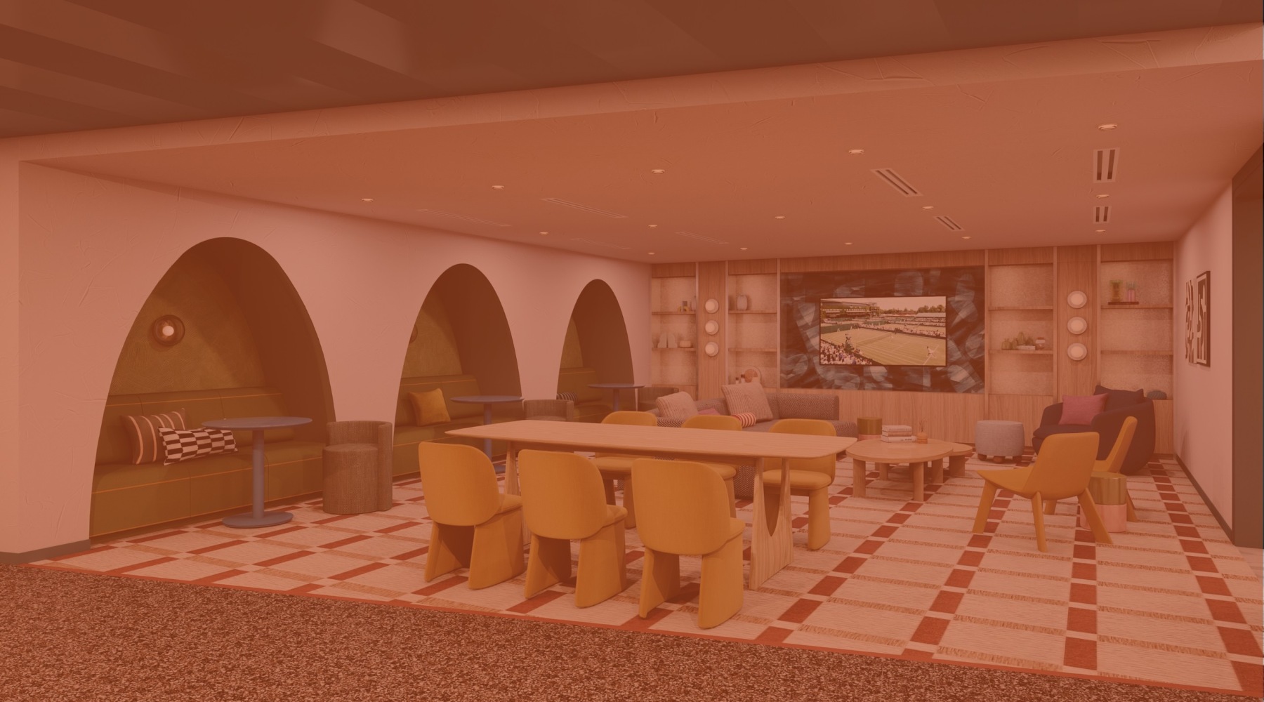 a lounge with seating table tv and benches