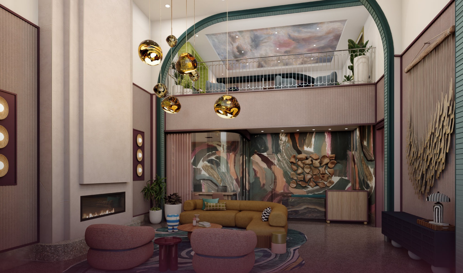 a room with seating fireplace and art everywhere