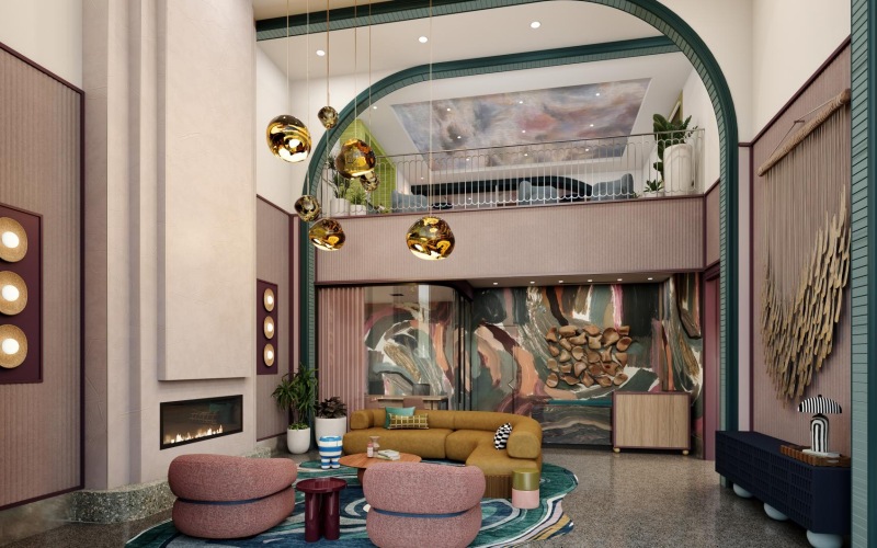 a room with a large painting on the wall